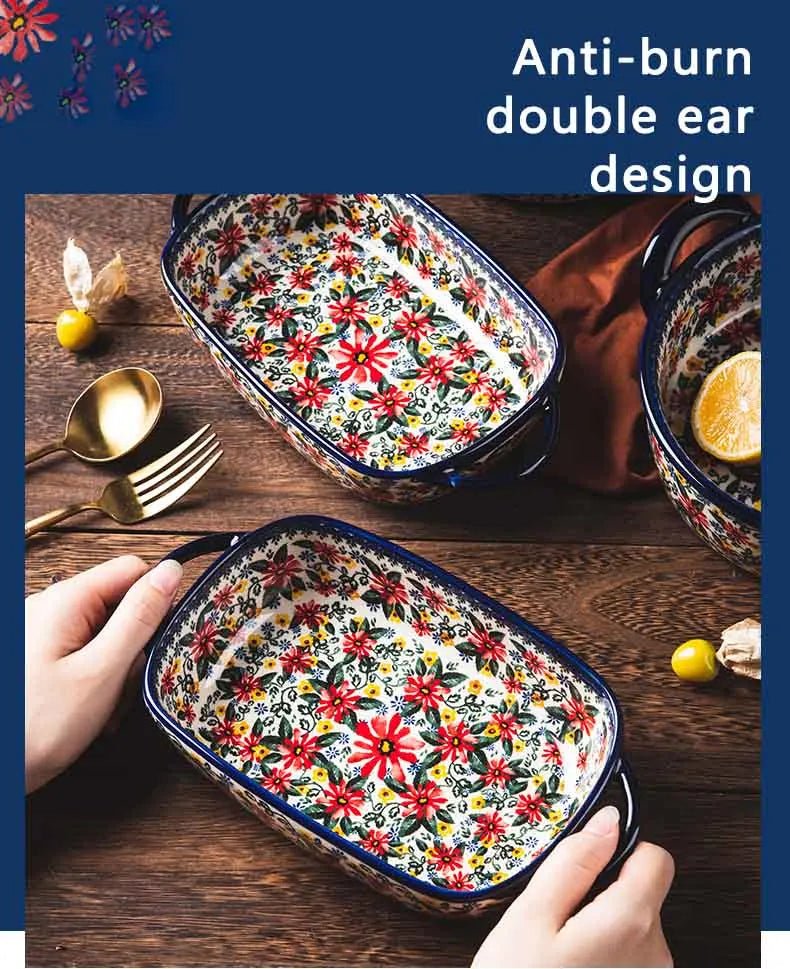 Retro Ceramic Bakeware Household Hand Painted Salad Plate Rice Bowl Binaural Baking Pan Kitchen Tableware Single Handle Bowl - BELMA