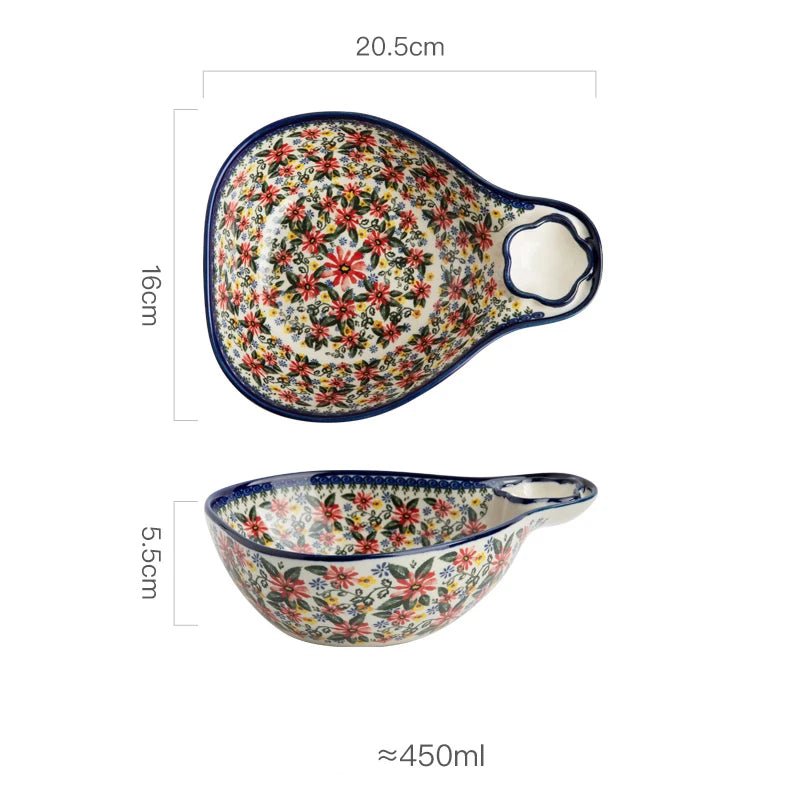 Retro Ceramic Bakeware Household Hand Painted Salad Plate Rice Bowl Binaural Baking Pan Kitchen Tableware Single Handle Bowl - BELMA