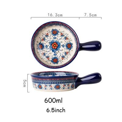 Retro Ceramic Bakeware Household Hand Painted Salad Plate Rice Bowl Binaural Baking Pan Kitchen Tableware Single Handle Bowl - BELMA