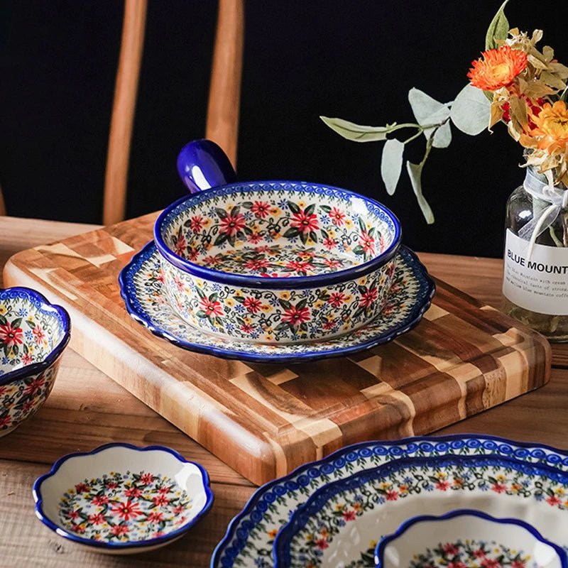 Retro Ceramic Bakeware Household Hand Painted Salad Plate Rice Bowl Binaural Baking Pan Kitchen Tableware Single Handle Bowl - BELMA