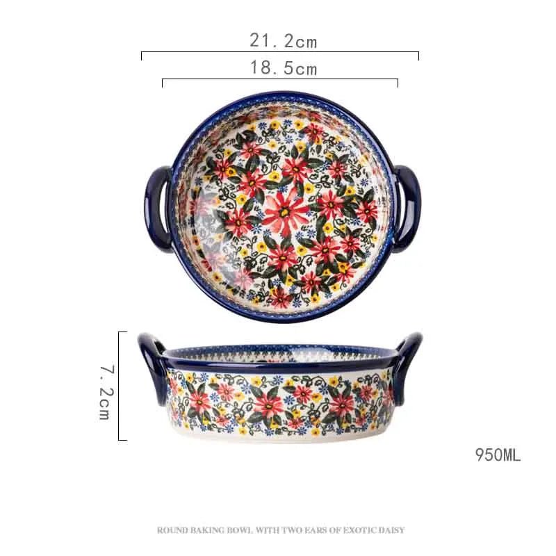 Retro Ceramic Bakeware Household Hand Painted Salad Plate Rice Bowl Binaural Baking Pan Kitchen Tableware Single Handle Bowl - BELMA
