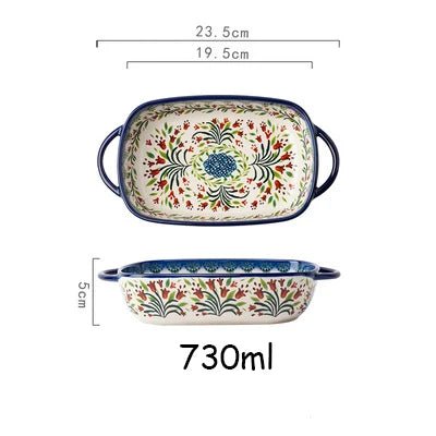 Retro Ceramic Bakeware Household Hand Painted Salad Plate Rice Bowl Binaural Baking Pan Kitchen Tableware Single Handle Bowl - BELMA