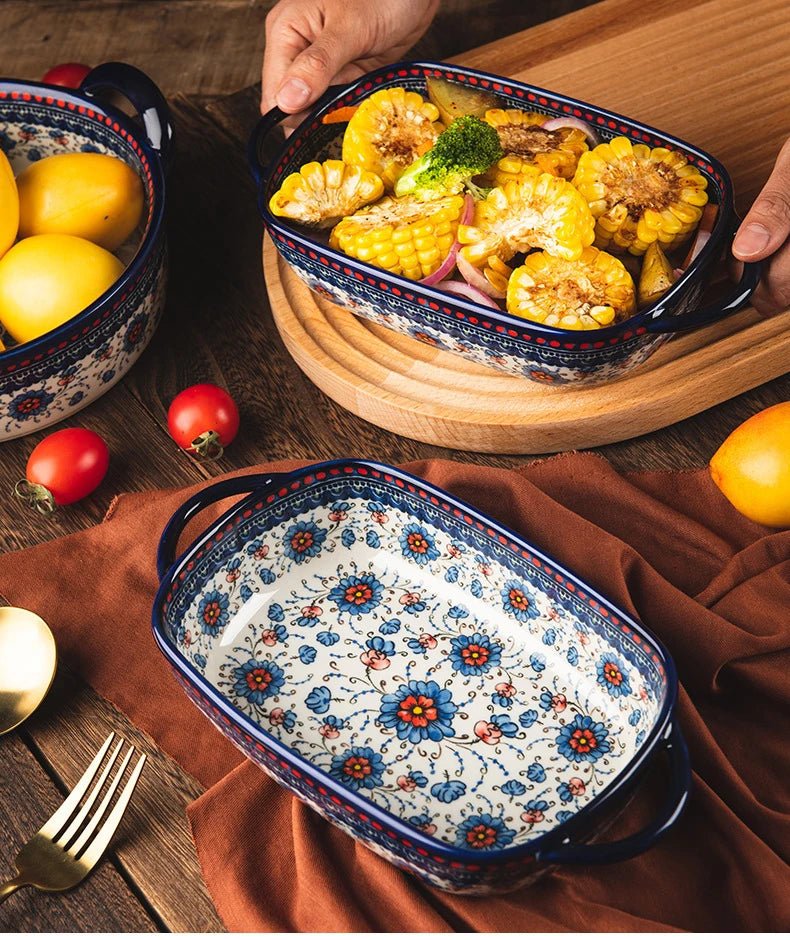 Retro Ceramic Bakeware Household Hand Painted Salad Plate Rice Bowl Binaural Baking Pan Kitchen Tableware Single Handle Bowl - BELMA
