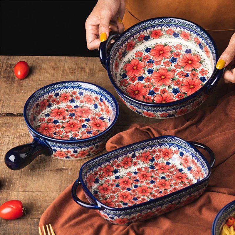 Retro Ceramic Bakeware Household Hand Painted Salad Plate Rice Bowl Binaural Baking Pan Kitchen Tableware Single Handle Bowl - BELMA