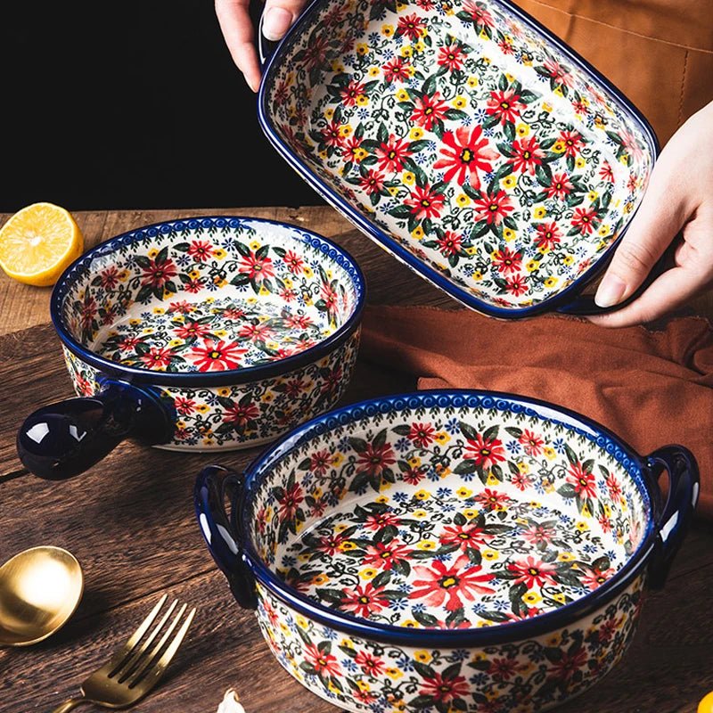 Retro Ceramic Bakeware Household Hand Painted Salad Plate Rice Bowl Binaural Baking Pan Kitchen Tableware Single Handle Bowl - BELMA