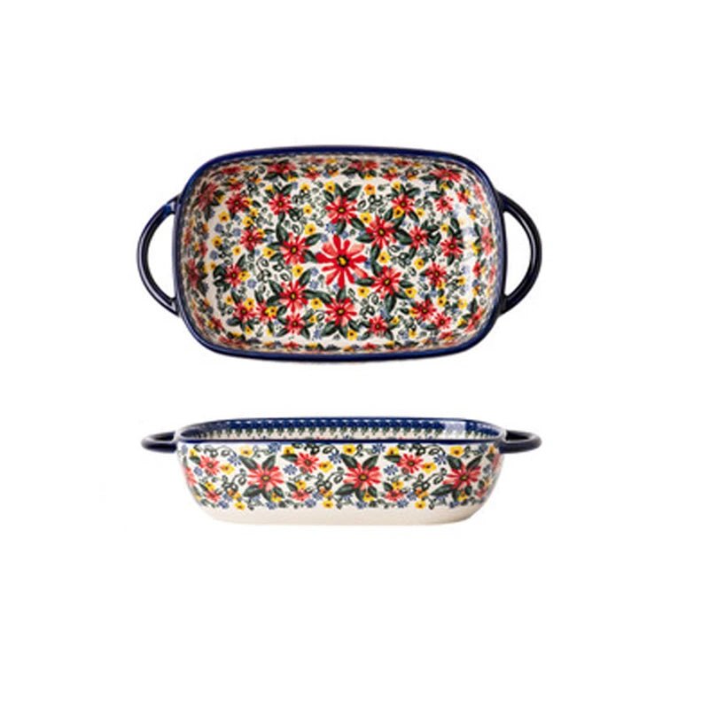 Retro Ceramic Bakeware Household Hand Painted Salad Plate Rice Bowl Binaural Baking Pan Kitchen Tableware Single Handle Bowl - BELMA