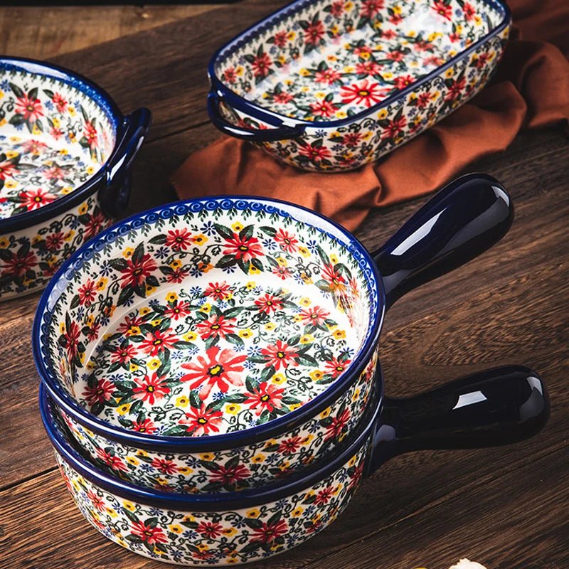 Retro Ceramic Bakeware Household Hand Painted Salad Plate Rice Bowl Binaural Baking Pan Kitchen Tableware Single Handle Bowl - BELMA
