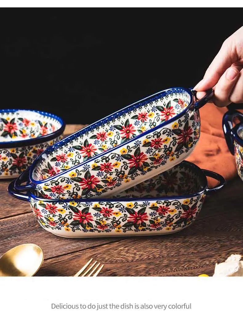 Retro Ceramic Bakeware Household Hand Painted Salad Plate Rice Bowl Binaural Baking Pan Kitchen Tableware Single Handle Bowl - BELMA