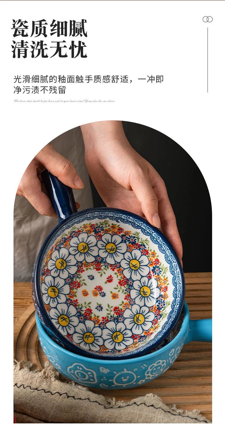 Single Handle Ceramic Noodle Bowl, Bohemian Design, Large Bowl, Creative Restaurant, Household Salad, Dessert Bowl, Home Decorat - BELMA