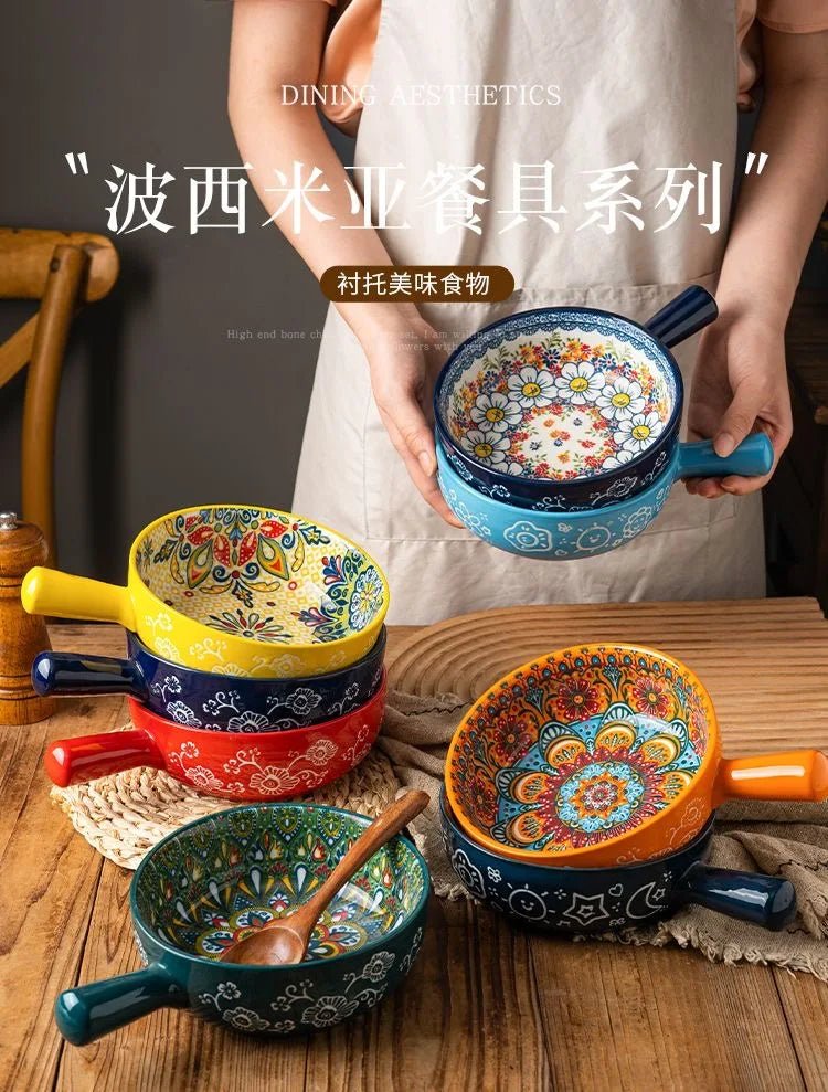 Single Handle Ceramic Noodle Bowl, Bohemian Design, Large Bowl, Creative Restaurant, Household Salad, Dessert Bowl, Home Decorat - BELMA