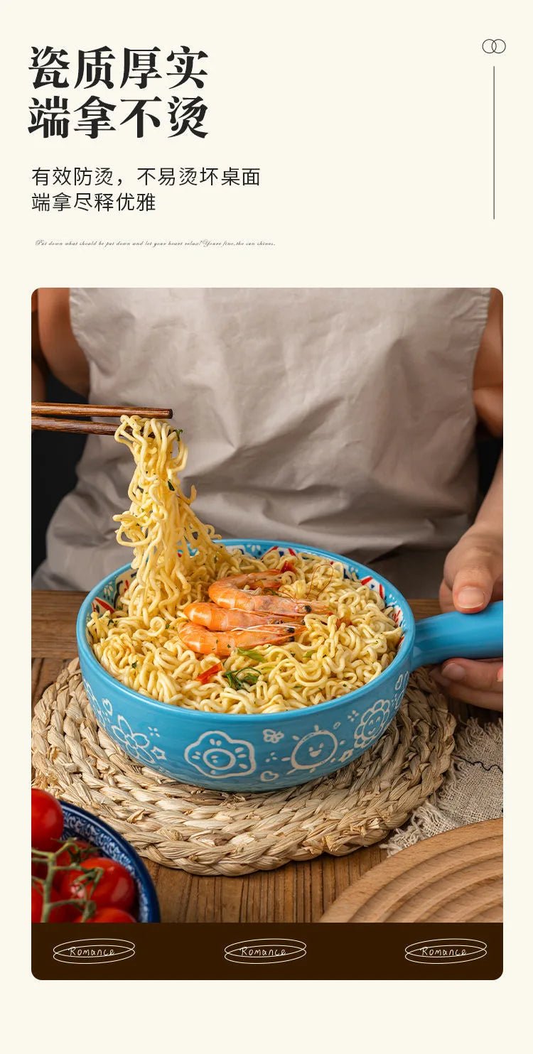 Single Handle Ceramic Noodle Bowl, Bohemian Design, Large Bowl, Creative Restaurant, Household Salad, Dessert Bowl, Home Decorat - BELMA