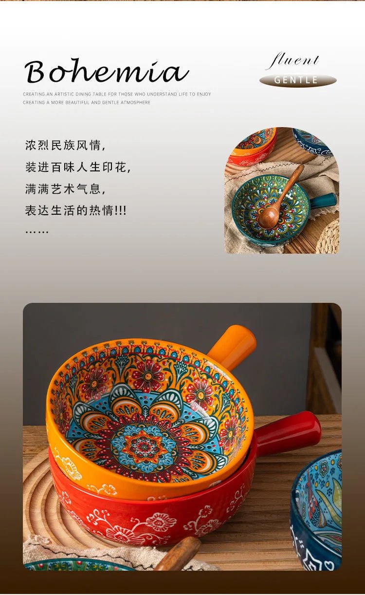 Single Handle Ceramic Noodle Bowl, Bohemian Design, Large Bowl, Creative Restaurant, Household Salad, Dessert Bowl, Home Decorat - BELMA