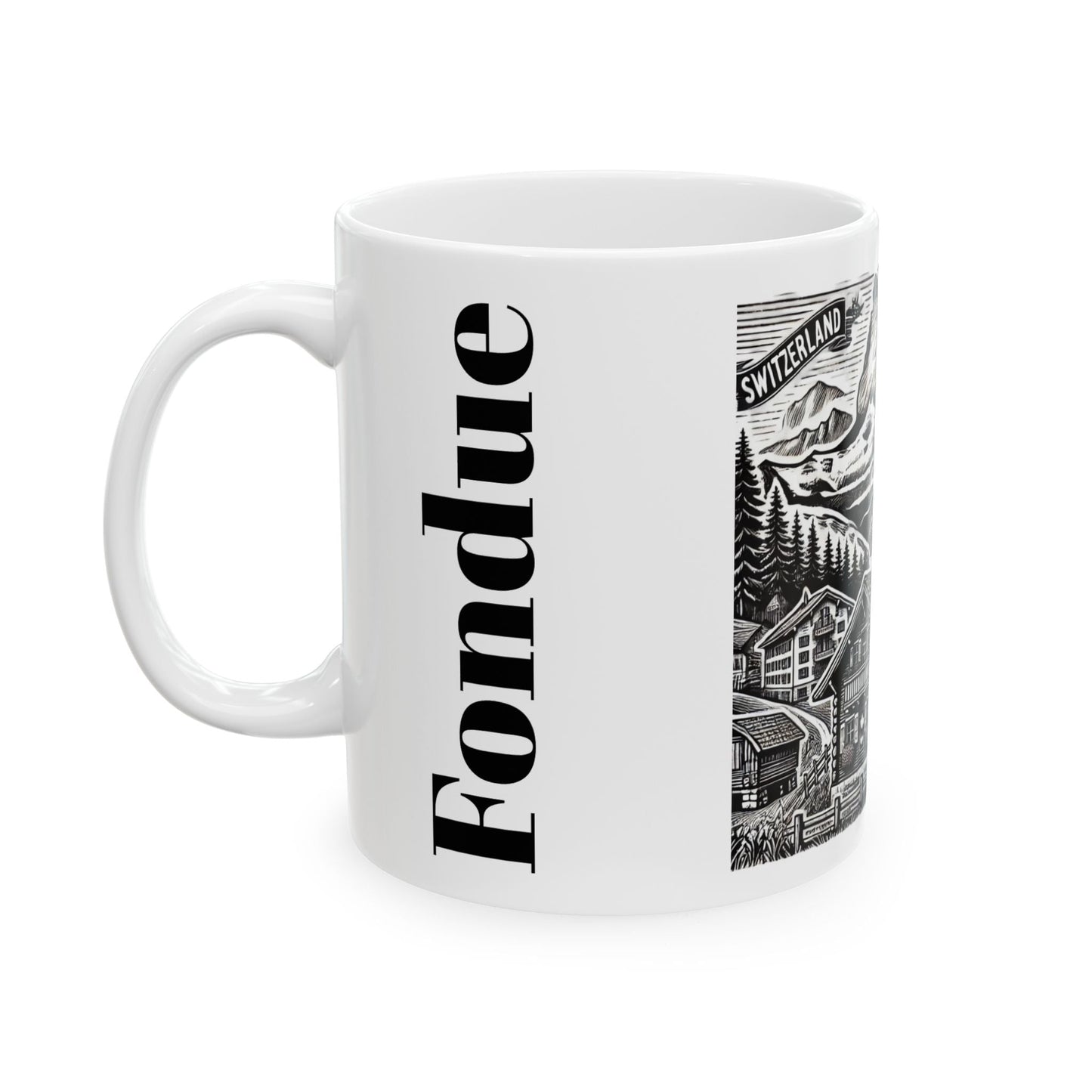 Switzerland - Landscape Ceramic Mug - 'Been There' & Fondue Design - Perfect Gift for Travelers and Cheese Lovers - BELMA