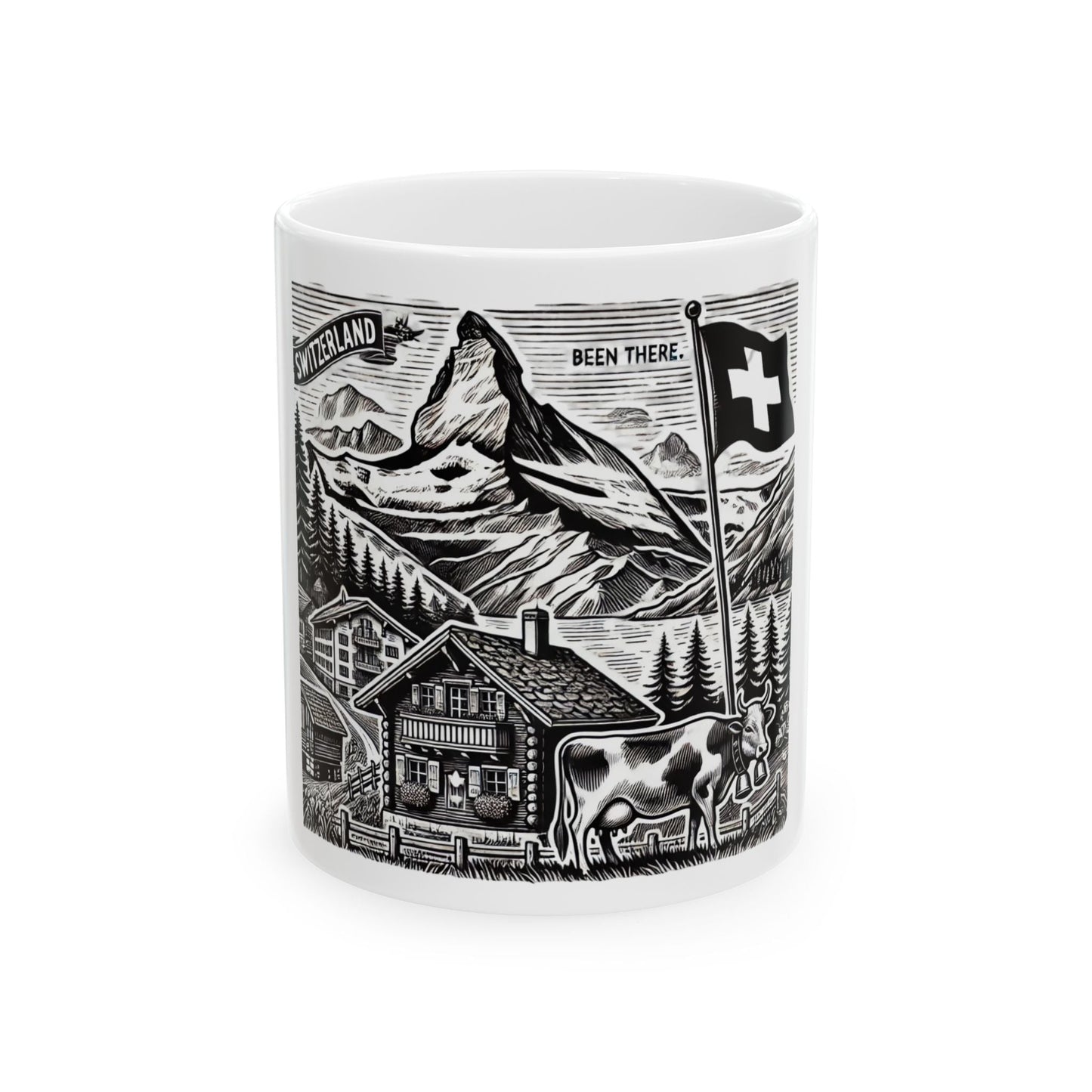Switzerland - Landscape Ceramic Mug - 'Been There' & Fondue Design - Perfect Gift for Travelers and Cheese Lovers - BELMA