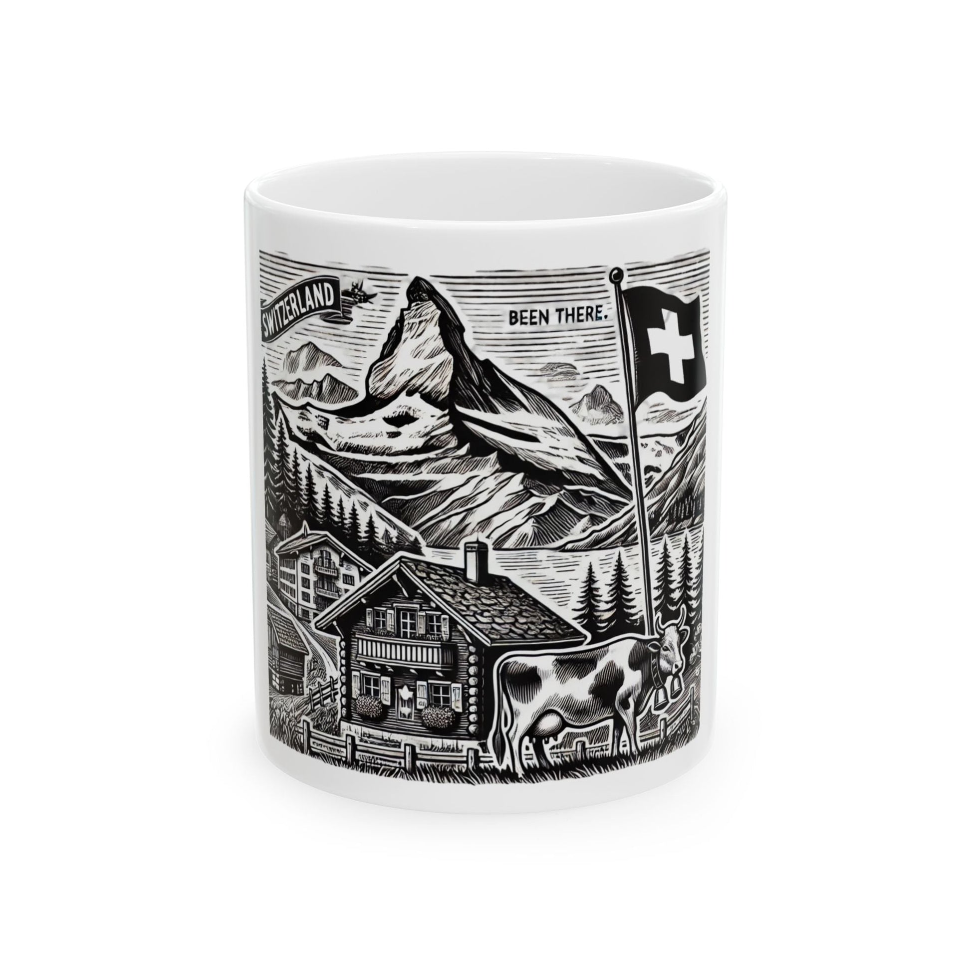 Switzerland - Landscape Ceramic Mug - 'Been There' & Fondue Design - Perfect Gift for Travelers and Cheese Lovers - BELMA