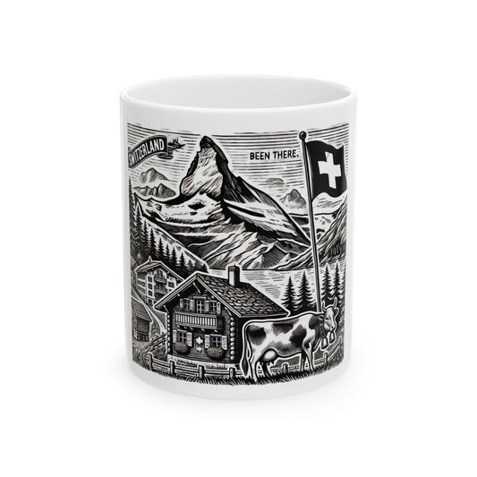 Switzerland - Landscape Ceramic Mug - 'Been There' & Fondue Design - Perfect Gift for Travelers and Cheese Lovers - BELMA